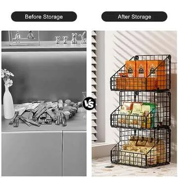 X-cosrack 3-Tier Stackable Snack Organizer With 5 Hooks, Wall-Mounted Wire Storage Basket, Muti-Purpose for Pantry Storage & Snack Rack & Kitchen Storage（One Basket Size: 6.5 X 8.7 X 6.7 Inch）