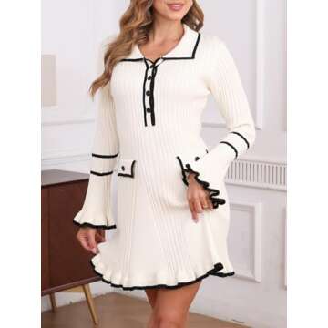 Ladyful Women's Sweater Mini Dress Long Sleeve Sexy Bodycon Button Front V-Neck Knit Pullover Dress Beige