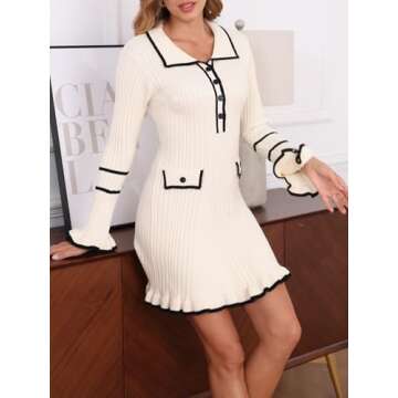 Ladyful Women's Sweater Mini Dress Long Sleeve Sexy Bodycon Button Front V-Neck Knit Pullover Dress Beige