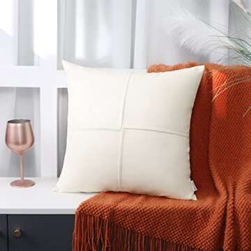 BRAWARM Faux Leather Throw Pillow Covers 18 X 18 Inches, Cream Leather Pillow Covers Pack of 2, Hand Stitched Leather Decorative Throw Pillows for Couch Sofa Bed Living Room Home Garden