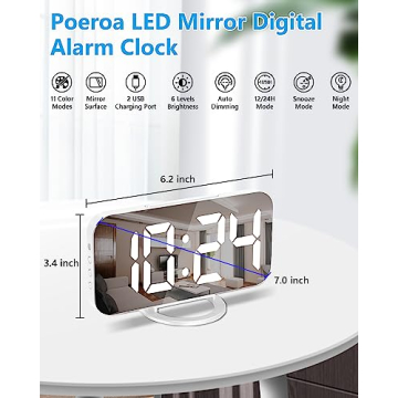 7" LED Mirror Digital Alarm Clock with 2 USB Ports