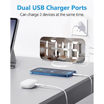 7" LED Mirror Digital Alarm Clock with 2 USB Ports