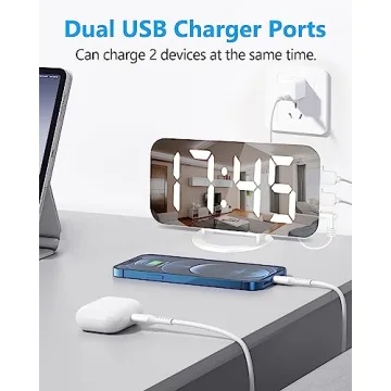 7" LED Mirror Digital Alarm Clock with 2 USB Ports