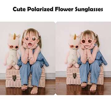 Bouryo Flexible Baby Polarized Flower Sunglasses with Strap Bendable Frame for Infant Boys Girls Ages 0-24 Months