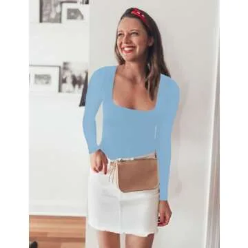 Chunpin Women's Sexy Square Neck Short Sleeve Bodysuit Tops Double Lined Slim Fitted Thong Body suit Sky Blue S
