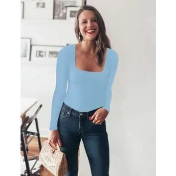 Chunpin Women's Sexy Square Neck Short Sleeve Bodysuit Tops Double Lined Slim Fitted Thong Body suit Sky Blue S