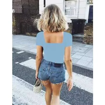 Chunpin Women's Sexy Square Neck Short Sleeve Bodysuit Tops Double Lined Slim Fitted Thong Body suit Sky Blue S