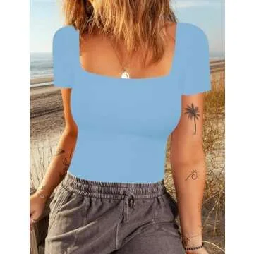 Chunpin Women's Sexy Square Neck Short Sleeve Bodysuit Tops Double Lined Slim Fitted Thong Body suit Sky Blue S