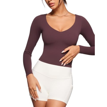 INGIA Womens V-Neck Long Sleeve Workout Crop Tops Slim Fit Padded Athletic Shirts Casual Yoga Gym To...