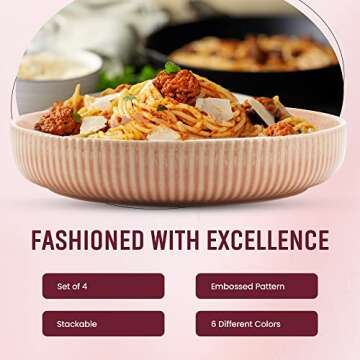 American Atelier 9-Inch Pasta Bowl (Set of 4) - 42 oz Wide Shallow Porcelain Low Dinner Bowls, Stylish & Modern Dinnerware for Serving at Home, Restaurants, First Apartment, College Dorms (Blush)