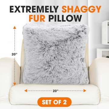 Cheer Collection Throw Pillows for Couch and Bed, Soft Shaggy Throw Pillows with Inserts Included, Cozy Long Hair Faux Fur Pillows - Set of 2-18" x 18" - Gray