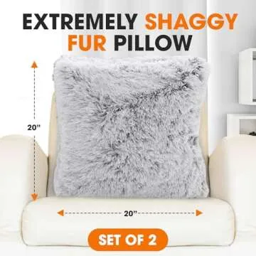 Cheer Collection Throw Pillows for Couch and Bed, Soft Shaggy Throw Pillows with Inserts Included, Cozy Long Hair Faux Fur Pillows - Set of 2-18" x 18" - Gray
