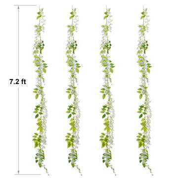 Lvydec Wisteria Artificial Flowers Garland, 4Pcs Total 28.8ft White Artificial Wisteria Vine Silk Hanging Flower for Home Garden Outdoor Ceremony Wedding Arch Floral Decor