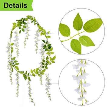 Lvydec Wisteria Artificial Flowers Garland, 4Pcs Total 28.8ft White Artificial Wisteria Vine Silk Hanging Flower for Home Garden Outdoor Ceremony Wedding Arch Floral Decor