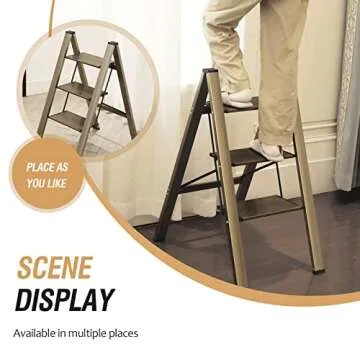 HBTower 3 Step Ladder, Aluminum Ladder, Folding Step Stool for Adults, 330LBS Capacity Sturdy& Portable Ladder for Home Kitchen Library Office, Gold