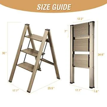 HBTower 3 Step Ladder, Aluminum Ladder, Folding Step Stool for Adults, 330LBS Capacity Sturdy& Portable Ladder for Home Kitchen Library Office, Gold