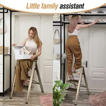 HBTower 3 Step Ladder, Aluminum Ladder, Folding Step Stool for Adults, 330LBS Capacity Sturdy& Portable Ladder for Home Kitchen Library Office, Gold