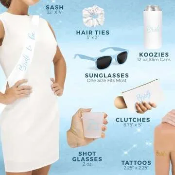 Chug Buddy Bachelorette Party Accessories & Supplies - 56 Piece Blue Bachelorette Party Decorations Pack with Bachelorette Sash, Sunglasses, Cups and More - Bride Accessories for Bachelorette Party