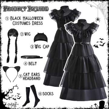 VORLITS Girls Black Halloween Costume Dress with Accessories