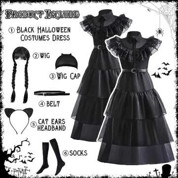VORLITS Girls Black Halloween Costume Dress with Accessories