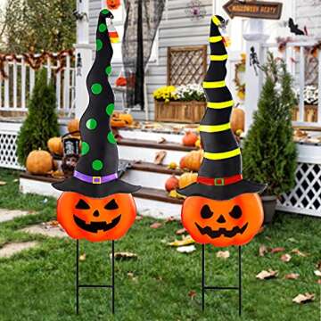 MAGGIFT 2 Pack Halloween Garden Decorations, Metal Jack-O-Lantern Stakes with Witch Hats, Scary Yard Sign Outdoor Lawn Decor, Metal Pumpkin Art Halloween Stake, Halloween Garden Sculpture Ornament
