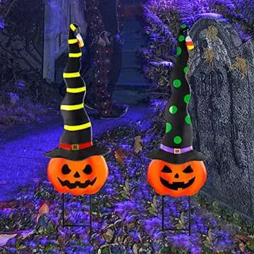 MAGGIFT 2 Pack Halloween Garden Decorations, Metal Jack-O-Lantern Stakes with Witch Hats, Scary Yard Sign Outdoor Lawn Decor, Metal Pumpkin Art Halloween Stake, Halloween Garden Sculpture Ornament