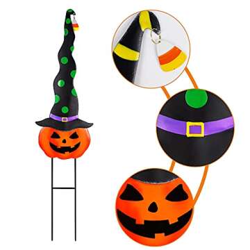 MAGGIFT 2 Pack Halloween Garden Decorations, Metal Jack-O-Lantern Stakes with Witch Hats, Scary Yard Sign Outdoor Lawn Decor, Metal Pumpkin Art Halloween Stake, Halloween Garden Sculpture Ornament