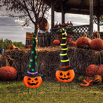 MAGGIFT 2 Pack Halloween Garden Decorations, Metal Jack-O-Lantern Stakes with Witch Hats, Scary Yard Sign Outdoor Lawn Decor, Metal Pumpkin Art Halloween Stake, Halloween Garden Sculpture Ornament