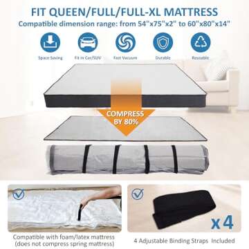 Queen/Full/Full-XL Foam Mattress Vacuum Bag for Moving, Vacuum Seal Mattress Bag with Straps