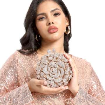Boutique De FGG Round Rose Flower Crystal Clutch Purses for Women Formal Evening Bags Wedding Clutch Bag Party Handbags,Mini,Gold