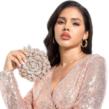 Boutique De FGG Round Rose Flower Crystal Clutch Purses for Women Formal Evening Bags Wedding Clutch Bag Party Handbags,Mini,Gold