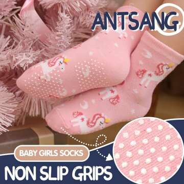 ANTSANG Baby Girls Toddlers Grips Socks Kids Non Slip/Anti Skid Unicorn Striped Crew Cotton Socks 12 Pairs Gift Stocking Stuffers (Girl's-Unicorn Pink(12 Pairs),3-5 Y)