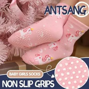 ANTSANG Baby Girls Toddlers Grips Socks Kids Non Slip/Anti Skid Unicorn Striped Crew Cotton Socks 12 Pairs Gift Stocking Stuffers (Girl's-Unicorn Pink(12 Pairs),3-5 Y)