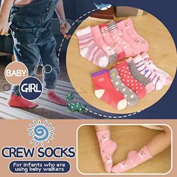 ANTSANG Baby Girls Toddlers Grips Socks Kids Non Slip/Anti Skid Unicorn Striped Crew Cotton Socks 12 Pairs Gift Stocking Stuffers (Girl's-Unicorn Pink(12 Pairs),3-5 Y)