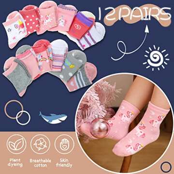 ANTSANG Baby Girls Toddlers Grips Socks Kids Non Slip/Anti Skid Unicorn Striped Crew Cotton Socks 12 Pairs Gift Stocking Stuffers (Girl's-Unicorn Pink(12 Pairs),3-5 Y)