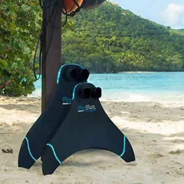 Fin Fun Mermaid Monofin - Swim Fin for Kids Ages 6-11 - Swimming Flipper with Comfortable Foot Pockets - Snorkel & Water Accessory Made w/ Dive-Grade Neoprene - (Blue Trim Black, Junior)