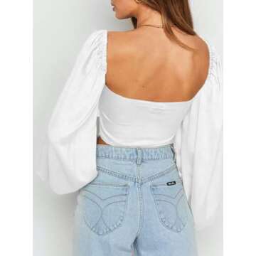 SOFIA'S CHOICE Women's Sweetheart Neckline Top Tie Front Long Sleeve Blouse Crop Shirt White Large