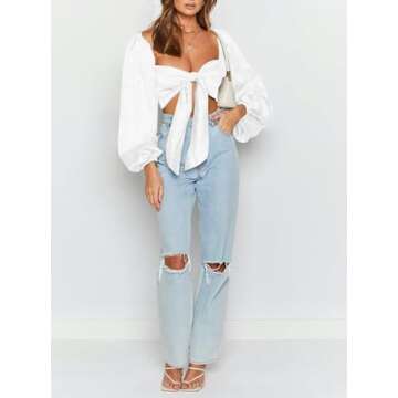 SOFIA'S CHOICE Women's Sweetheart Neckline Top Tie Front Long Sleeve Blouse Crop Shirt White Large