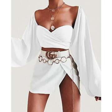 SOFIA'S CHOICE Women's Sweetheart Neckline Top Tie Front Long Sleeve Blouse Crop Shirt White Large