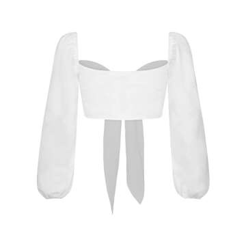 SOFIA'S CHOICE Women's Sweetheart Neckline Top Tie Front Long Sleeve Blouse Crop Shirt White Large