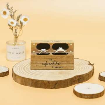 Tinnberlohas Wooden Wedding Ring Box – Slim Vintage Ring Box for Proposal Engagement Ceremony – Double Engraved Rustic Ring Bearer Box Anniversary Birthday Gift Ideas (The Adventure Begins)