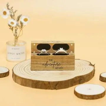 Tinnberlohas Wooden Wedding Ring Box – Slim Vintage Ring Box for Proposal Engagement Ceremony – Double Engraved Rustic Ring Bearer Box Anniversary Birthday Gift Ideas (The Adventure Begins)