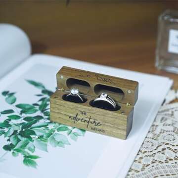 Tinnberlohas Wooden Wedding Ring Box – Slim Vintage Ring Box for Proposal Engagement Ceremony – Double Engraved Rustic Ring Bearer Box Anniversary Birthday Gift Ideas (The Adventure Begins)