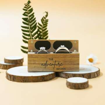 Tinnberlohas Wooden Wedding Ring Box – Slim Vintage Ring Box for Proposal Engagement Ceremony – Double Engraved Rustic Ring Bearer Box Anniversary Birthday Gift Ideas (The Adventure Begins)