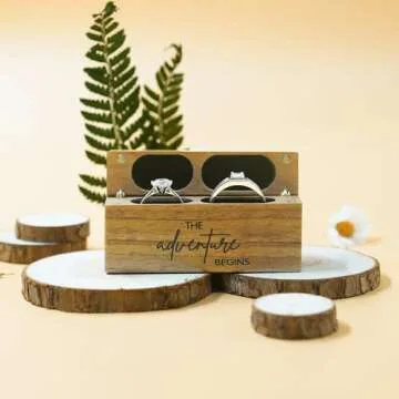 Tinnberlohas Wooden Wedding Ring Box – Slim Vintage Ring Box for Proposal Engagement Ceremony – Double Engraved Rustic Ring Bearer Box Anniversary Birthday Gift Ideas (The Adventure Begins)