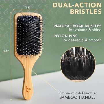 Boar Bristle Paddle Hair Brush - Smoothing Wood Brush for Thick, Curly & Wavy Hair, Detangling Natural Bristles for Women, Stimulates Scalp