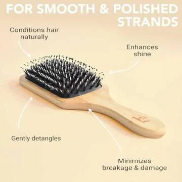 Boar Bristle Paddle Hair Brush - Smoothing Wood Brush for Thick, Curly & Wavy Hair, Detangling Natural Bristles for Women, Stimulates Scalp