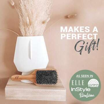 Boar Bristle Paddle Hair Brush - Smoothing Wood Brush for Thick, Curly & Wavy Hair, Detangling Natural Bristles for Women, Stimulates Scalp