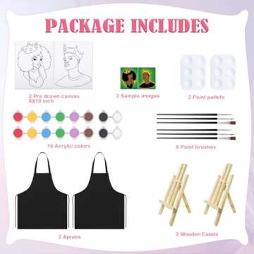 VOCHIC 2PCS Paint and Sip Kit with Easels Aprons, Pre Drawn Canvas Painting for Adults, Afro Queen King Couple Painting Kit Date Night Game, Acrylic Colors Brushes Pallets, Valentine's Day(8x10)