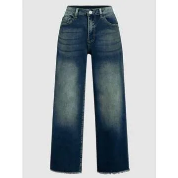 Flamingals Straight Wide Leg Jeans for Women Mid Waisted Casual Raw Hem Denim Capris Pants with Pock...